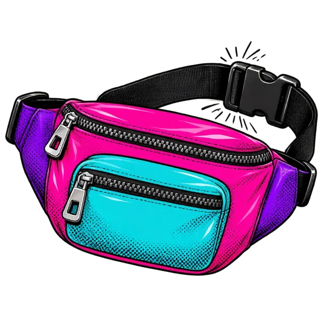 The fanny pack's black buckle snapping shut with a comic click burst