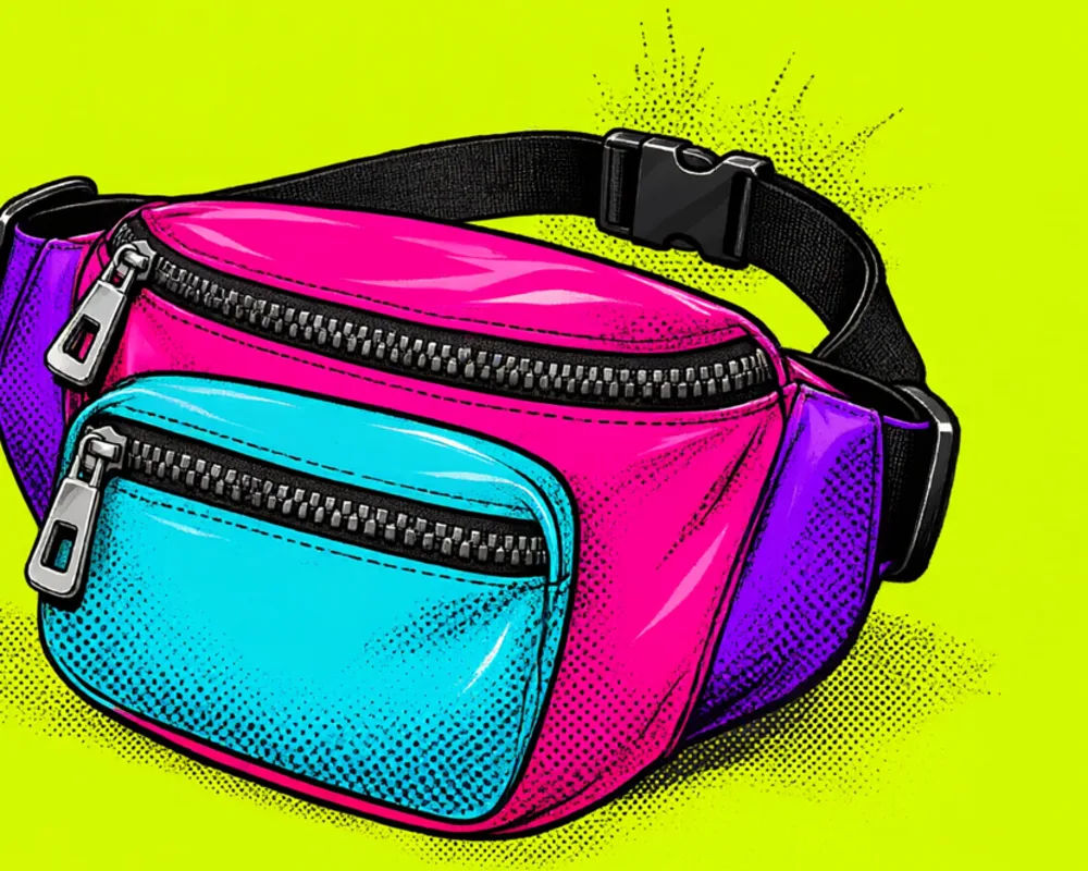 The hot-pink fanny pack with its cyan front pocket and black buckle strap