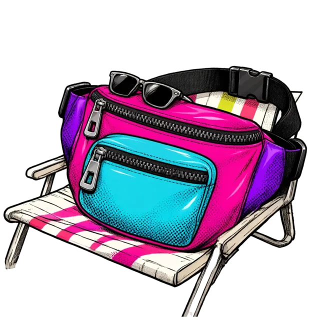 The fanny pack napping on a striped beach chair in sunglasses