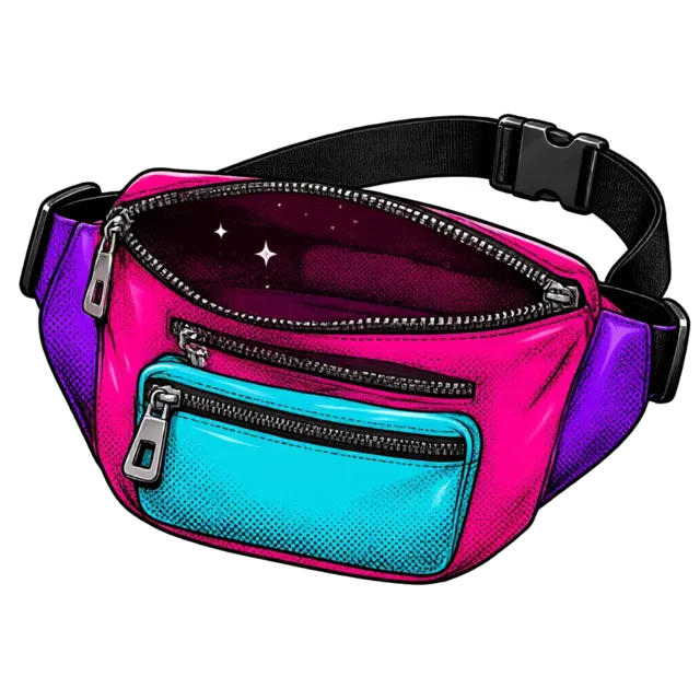 The fanny pack unzipped, completely empty except a few sparkles
